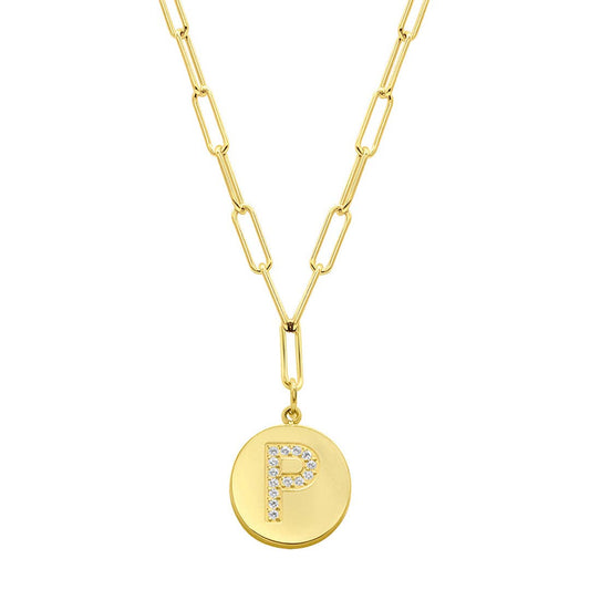 Tarnish Resistant 14K Gold Plated Initial Disc Necklace: P / Default Title
