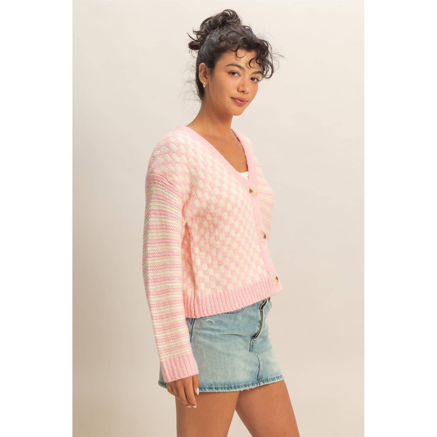 Checker And Stripe Contrast Knit Cardigan Sweater: SOFT PINK/CREAM / S-M-L(2-2-2)