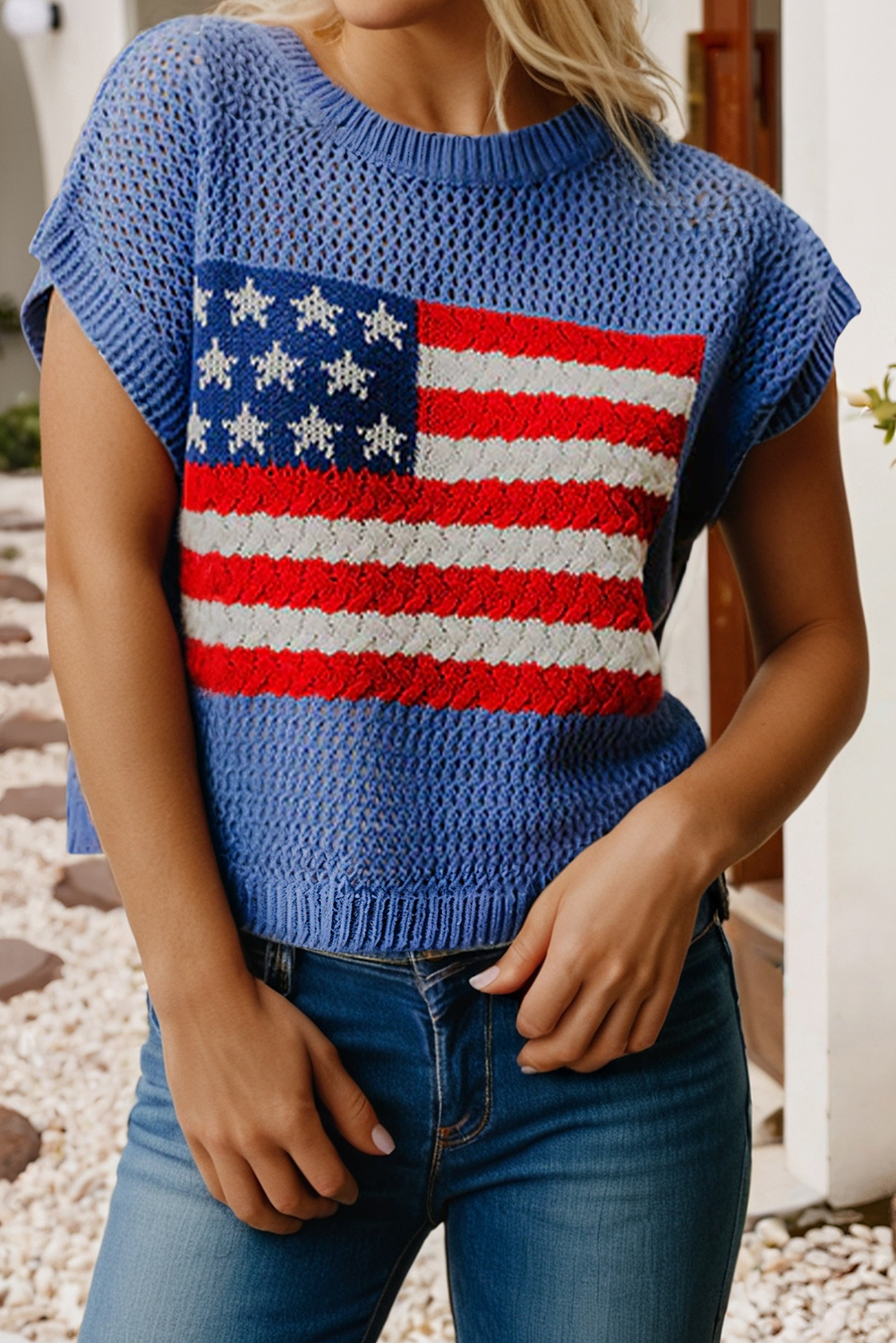 LDC Flag Graphic Short Sleeve Sweater Top: Sky Blue / M