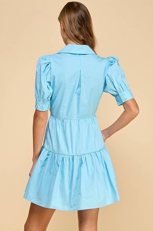 CD05177-Poplin Collared V Neckline Waist Bow Dress: Black / M