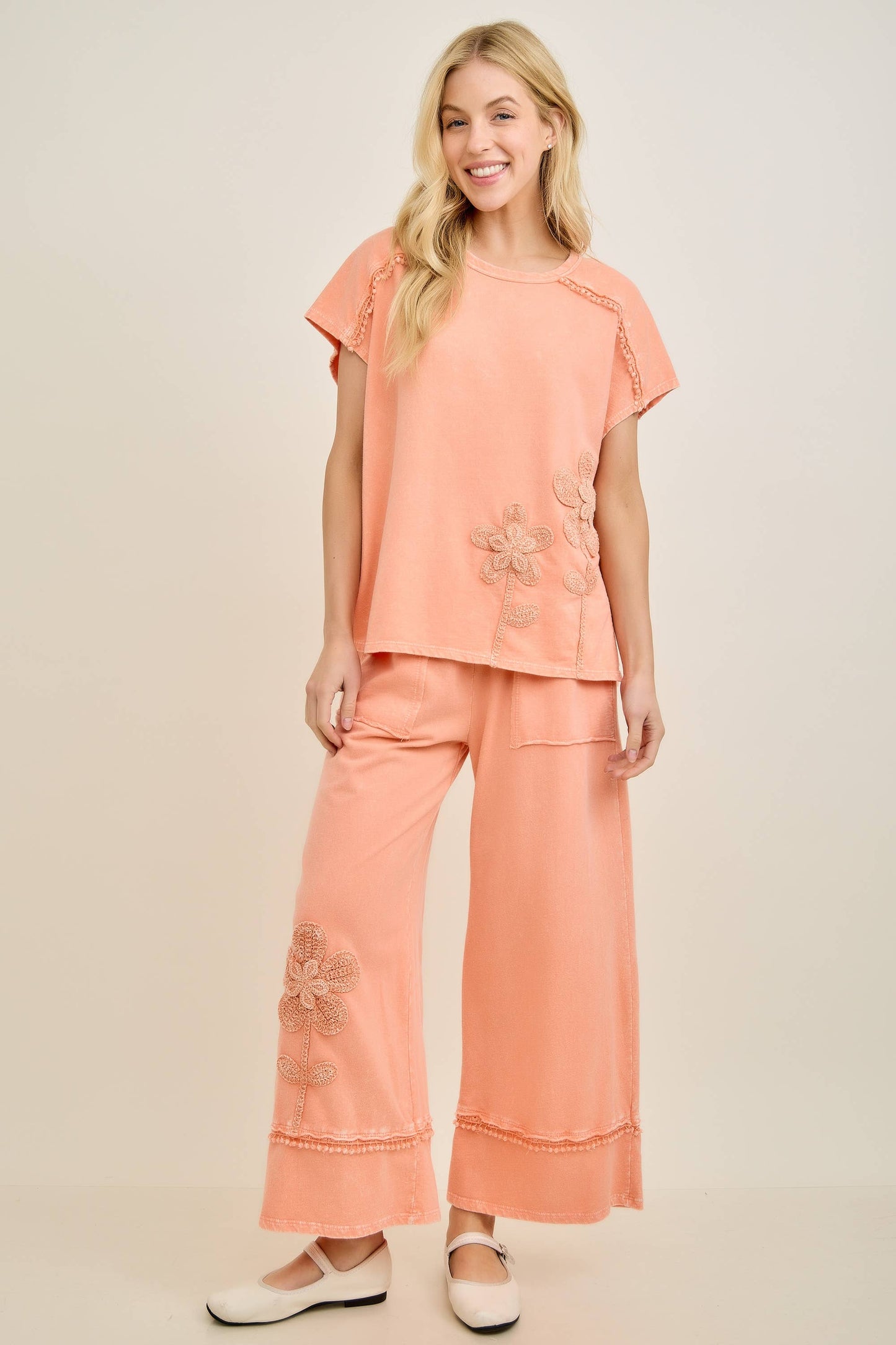 Mineral Washed Flower Garden Sleeveless blouse top HT7012: Papaya / S-M-L / 2-2-2