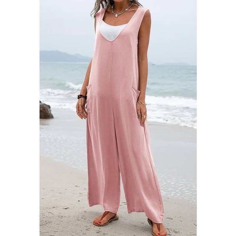 New Solid Color Pocket Fashion Jumpsuit : OLIVE GREEN / M