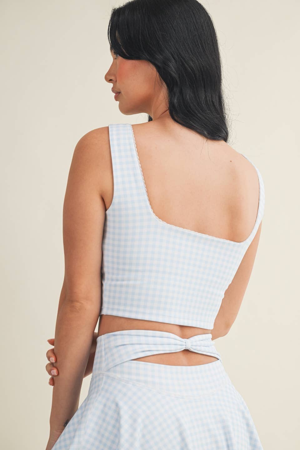 Gingham Print Crop Tank with Lace Trim: Pink Gingham / L