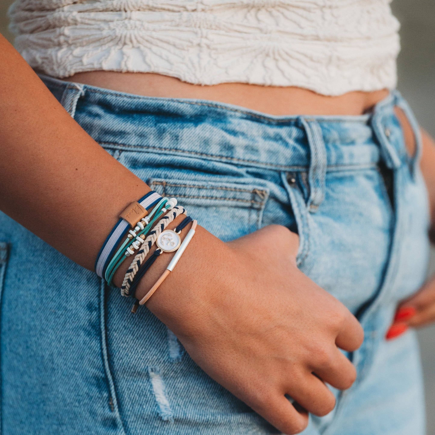 "Anchor" Nautical Colors with Anchor Charm Hair Tie Bracelets: Medium