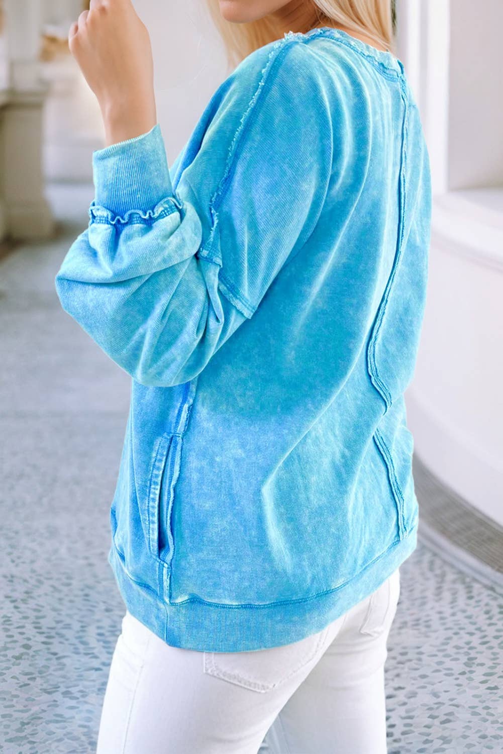 LDC Solid Acid Wash Pocket Pullover: Blue / L