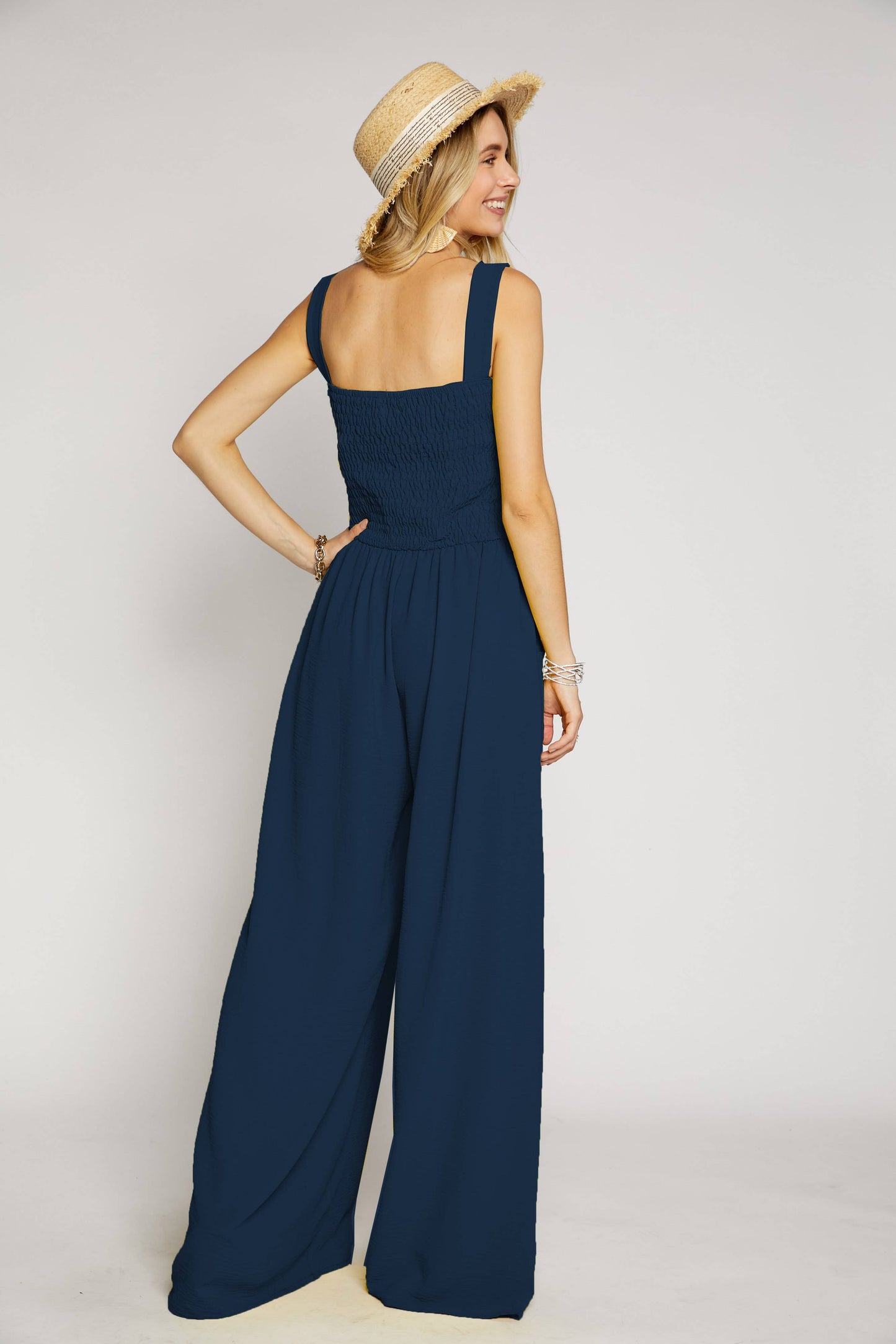 LJP16140 - SMOCKING TOP WIDE LEG JUMPSUIT: MIDNIGHT BLUE / M
