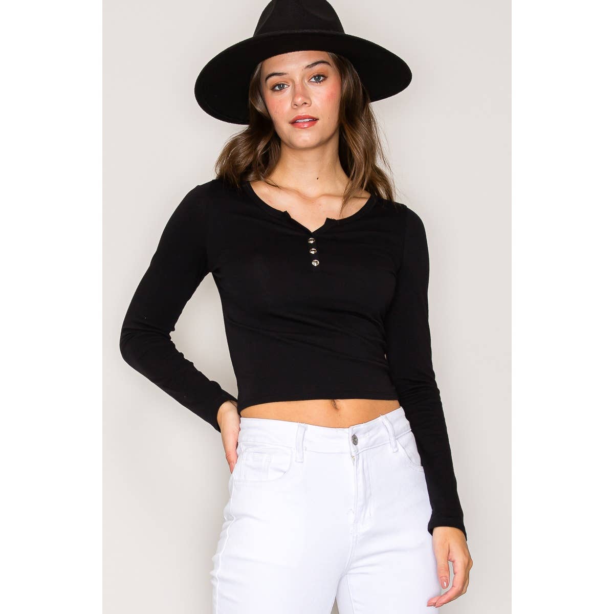 Notch V Neck Button Front Long Sleeve Cotton Top: Chili Oil / S-M-L(2-2-2)