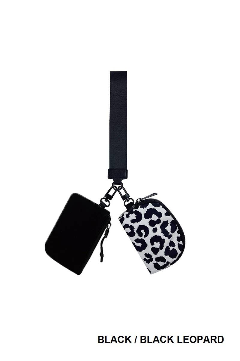 Dual Pouch Wristlet Keychain Wallet: BLACK/BROWN LEOPARD / 1 (ONE SIZE)