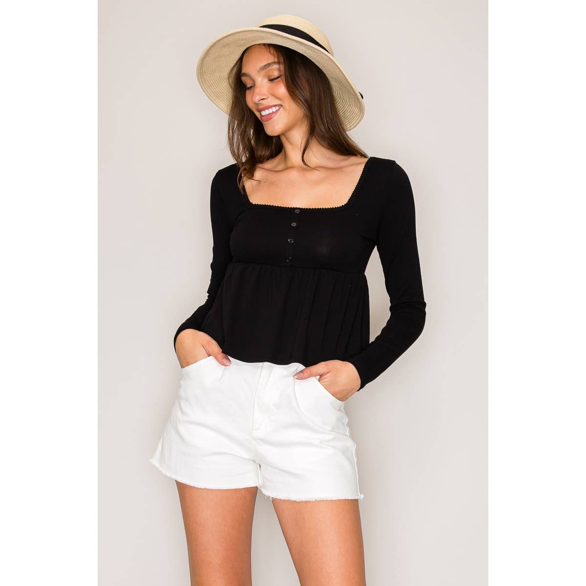 Long Sleeve Babydoll Top: Hot Fudge / S-M-L(2-2-2)