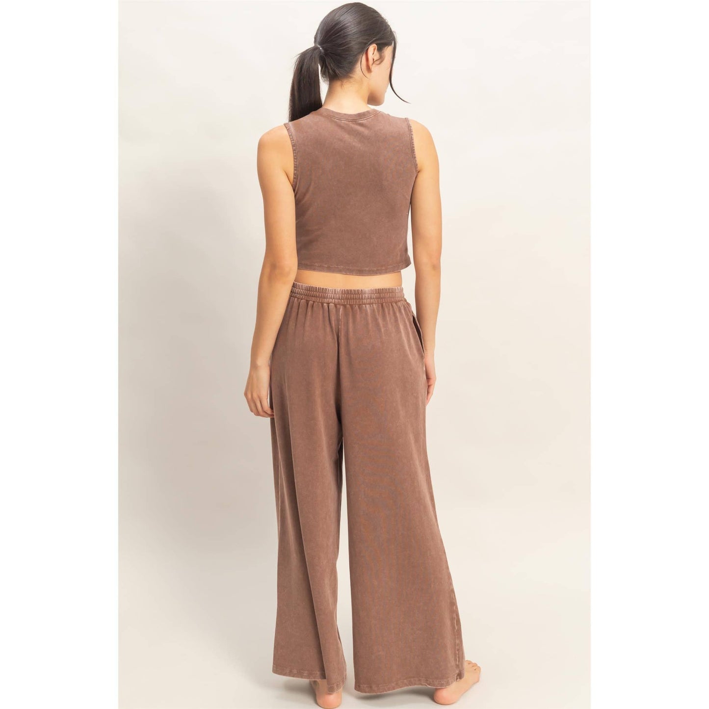 Mineral Washed Sleeveless Top & Wide Leg Pants Set: FUCHSIA / S-M-L(2-2-2)