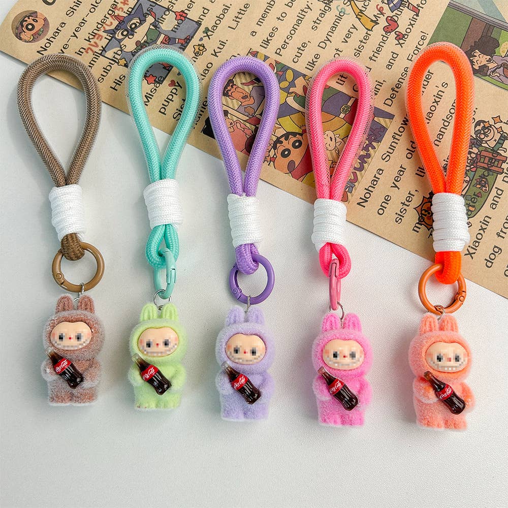 Get Cola in my hands Fluffy Labubu bag charm rope keychain: Purple