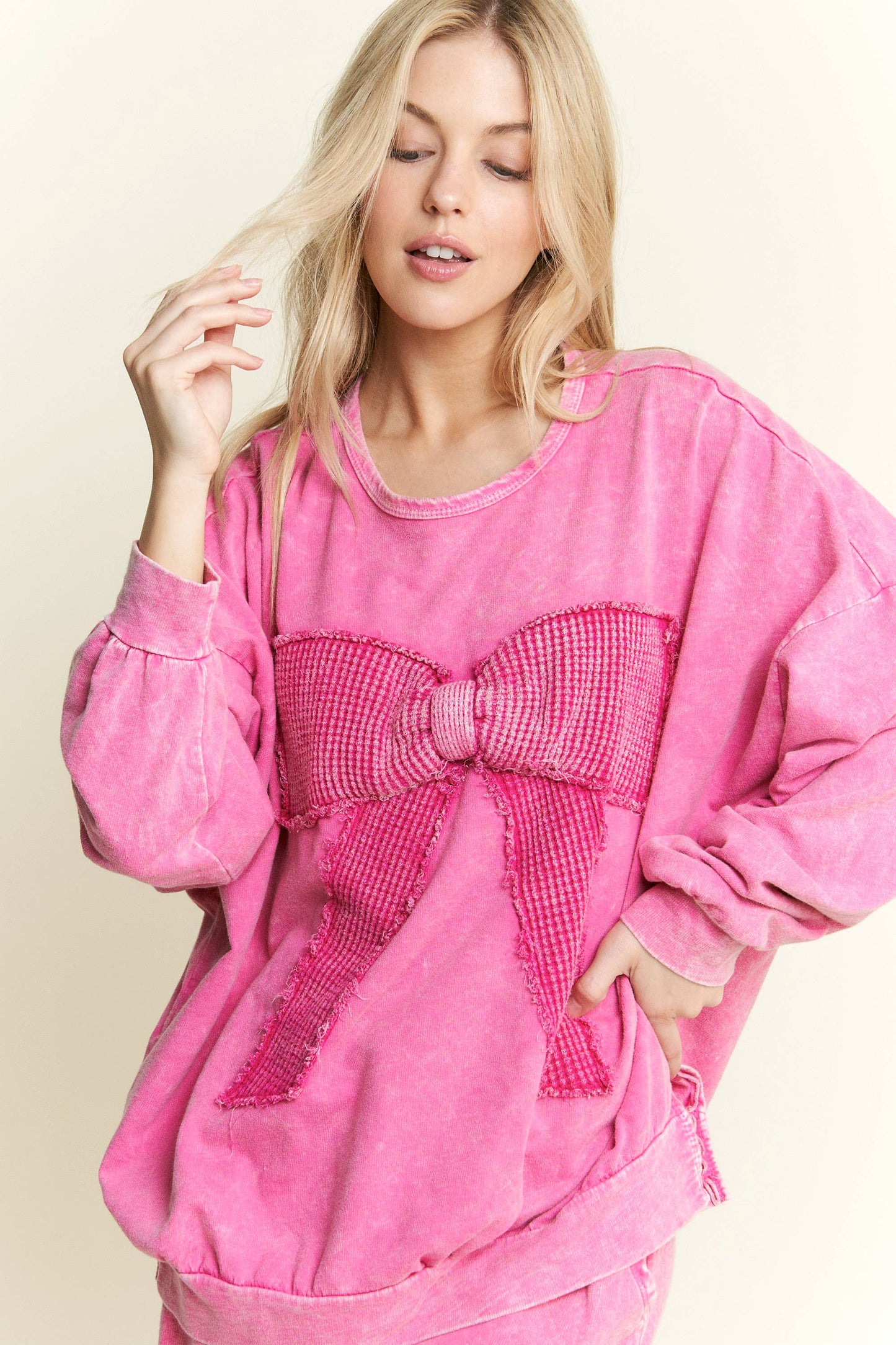 I'm a gift for you Waffle Ribbon bow terry top HT6129: Midnight Green / S-M-L / 2-2-2