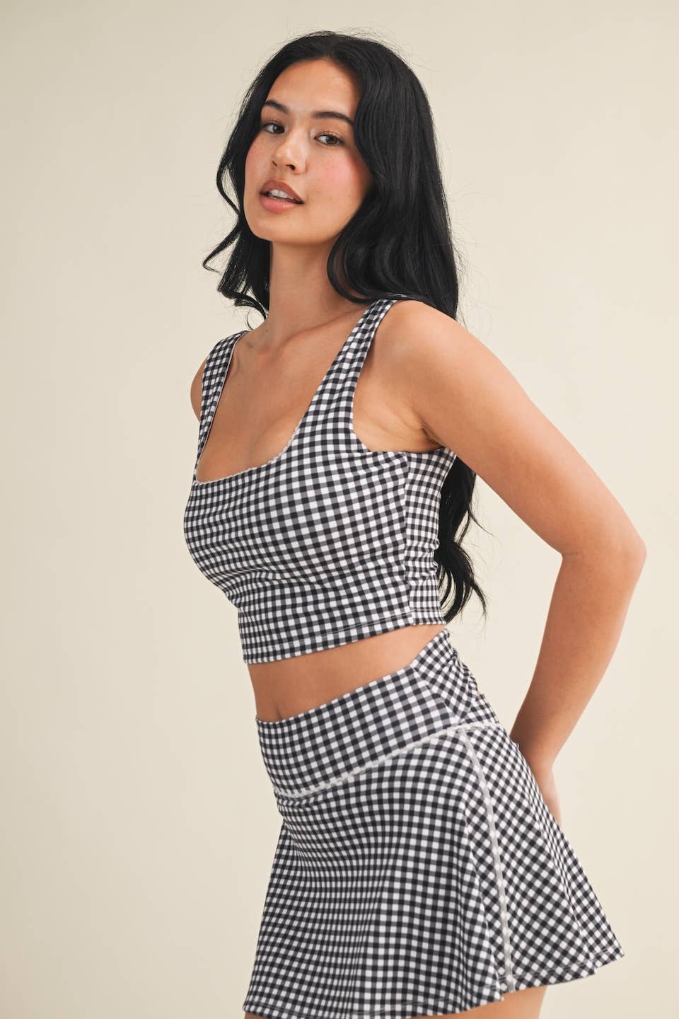 Gingham Print Crop Tank with Lace Trim: Pink Gingham / M