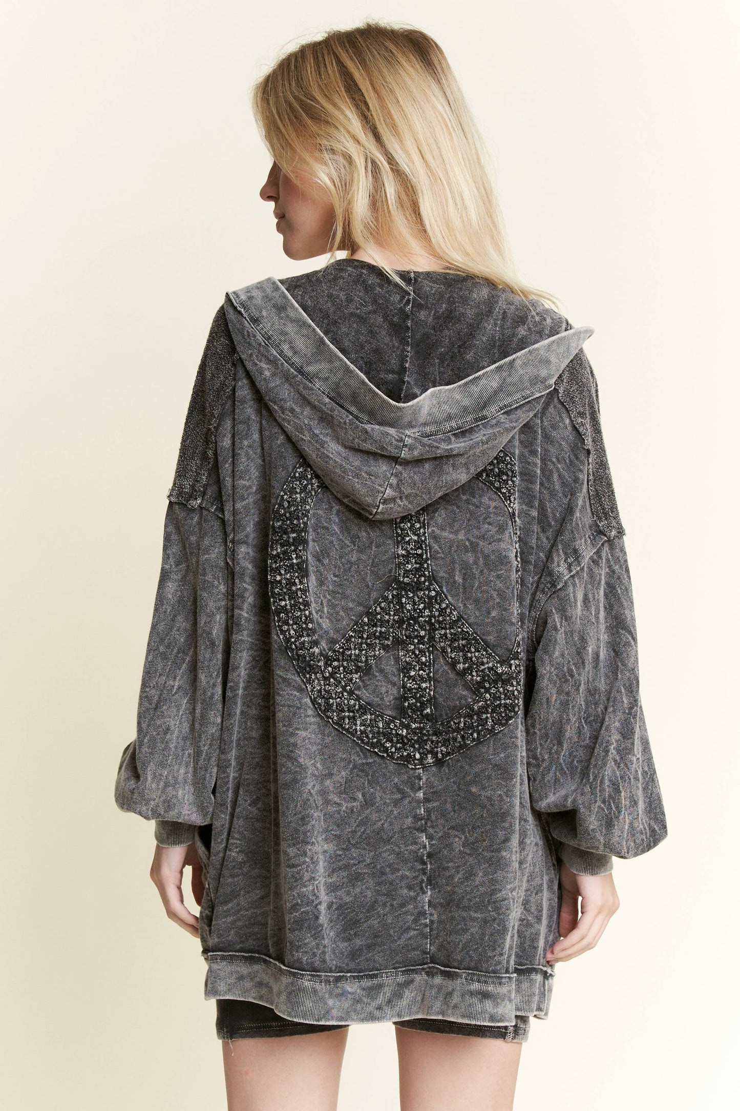 Mineral Wash Open Terry Cardigan with peace sign HT6086: Latte / S-M-L / 2-2-2
