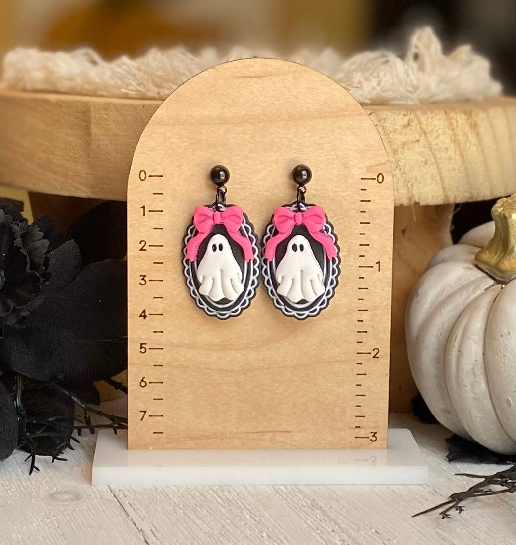 Pink Halloween Earrings | Fall Earrings : Ghost with Bows