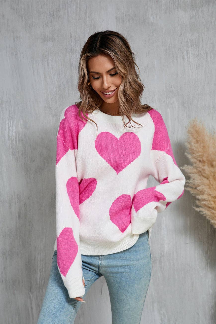 Valentine Heart Knit Sweater Pink Red Pullover Top: Rose Red / L