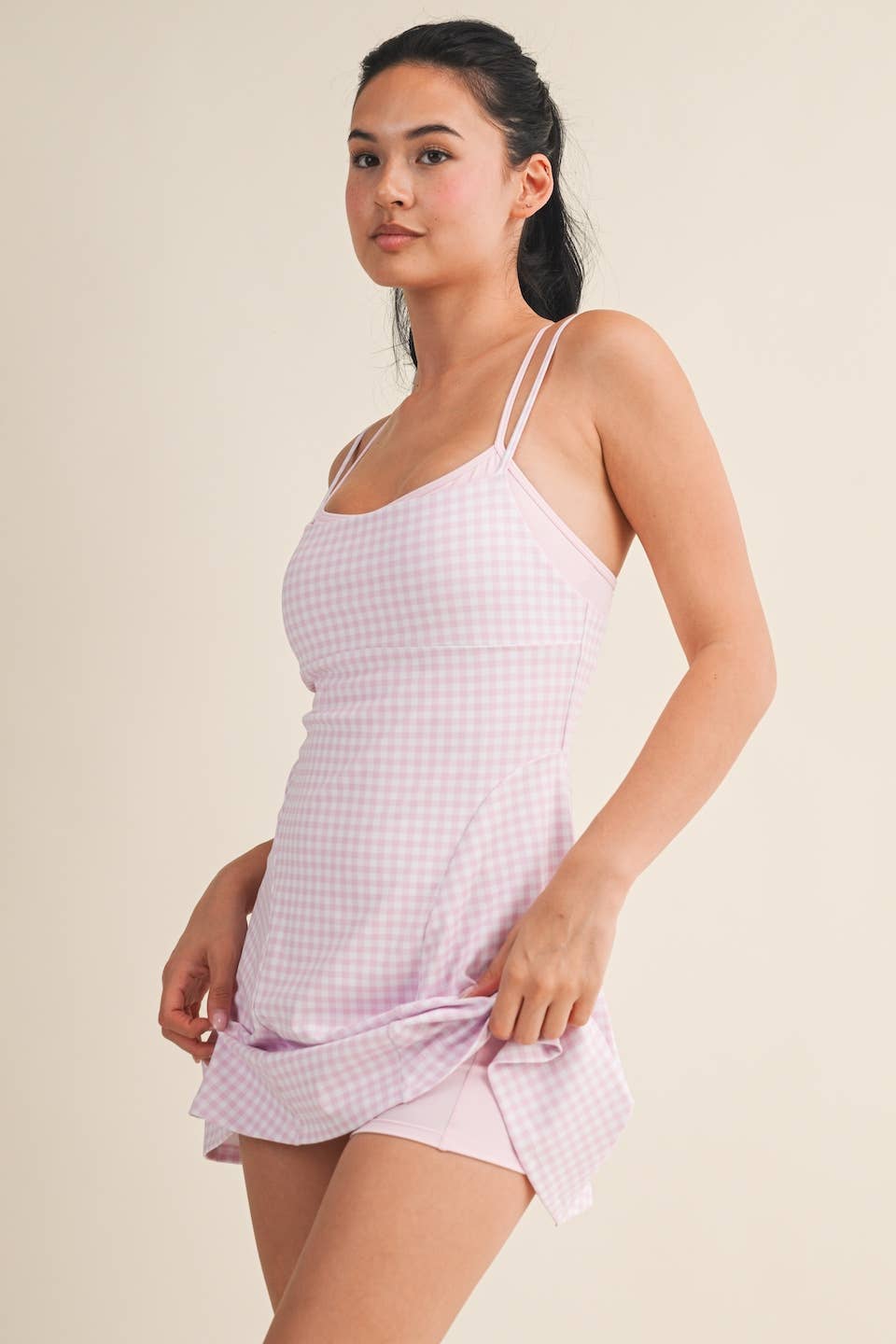 Gingham Print Double Layered Dress: Blue Gingham / S