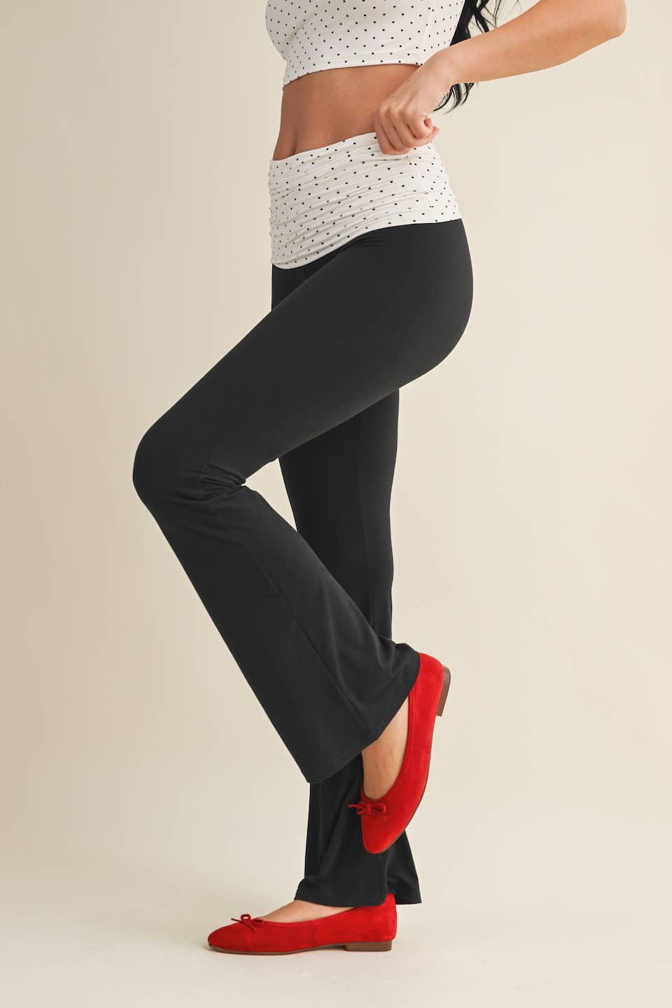 Polka Dot Soft Knit Foldover Flare Pants: Blue/Black Polka Dot / S