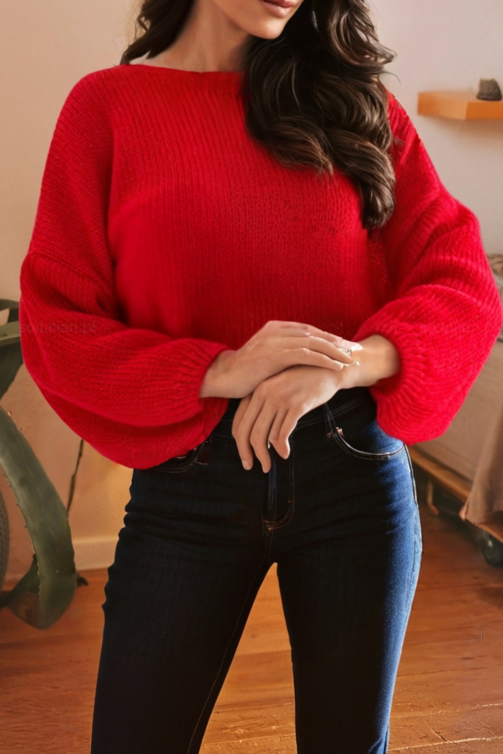 LDC Bow Backless Bubble Sleeve Festive Sweater: Fiery Red / XL