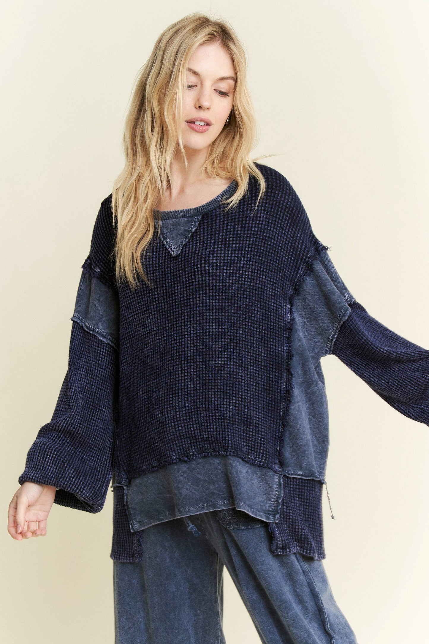 MineralWash Waffle and terry oversized fall shirt HT5989.: Midnight Green / S-M-L / 2-2-2