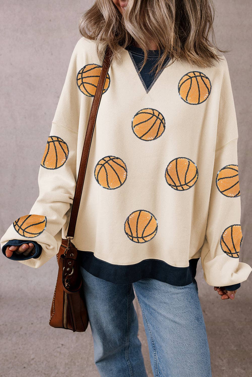 White Sequin Basketball Graphic Colorblock Edge Sweatshirt: White / 50%Polyester+50%Cotton / L