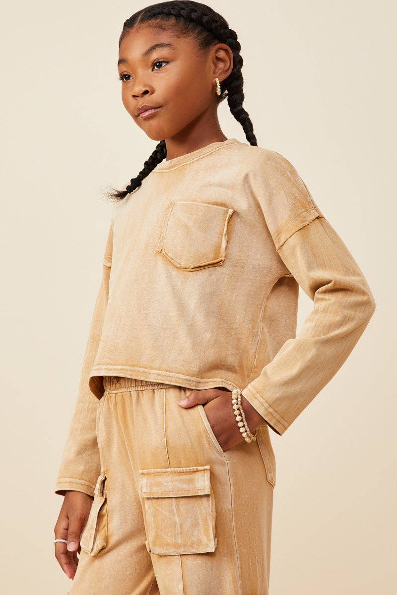 Girls Washed Chest Pocket Long Sleeve Knit T Shirt - 4 Pack: Rust / Pack