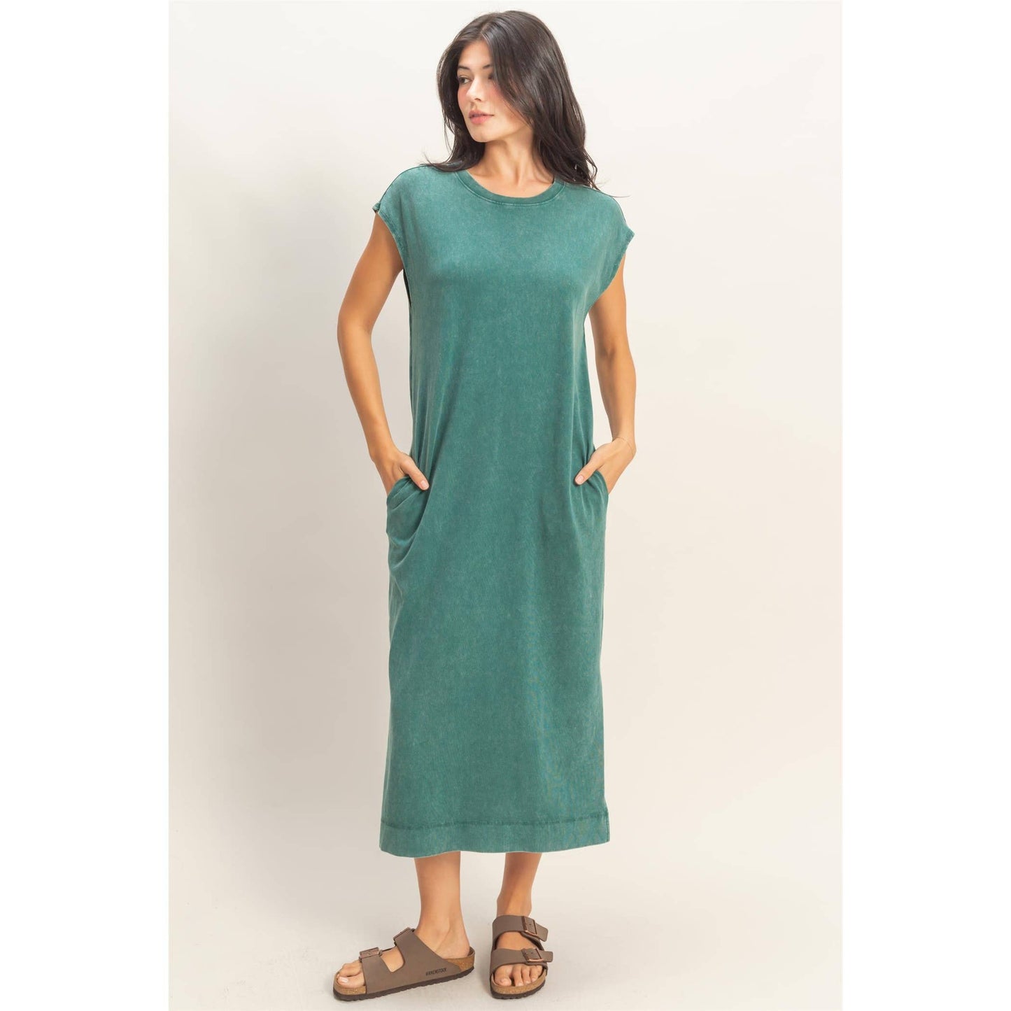 Mineral Wash Cap Sleeve Midi Dress: CHOCOLATE / S-M-L(2-2-2)