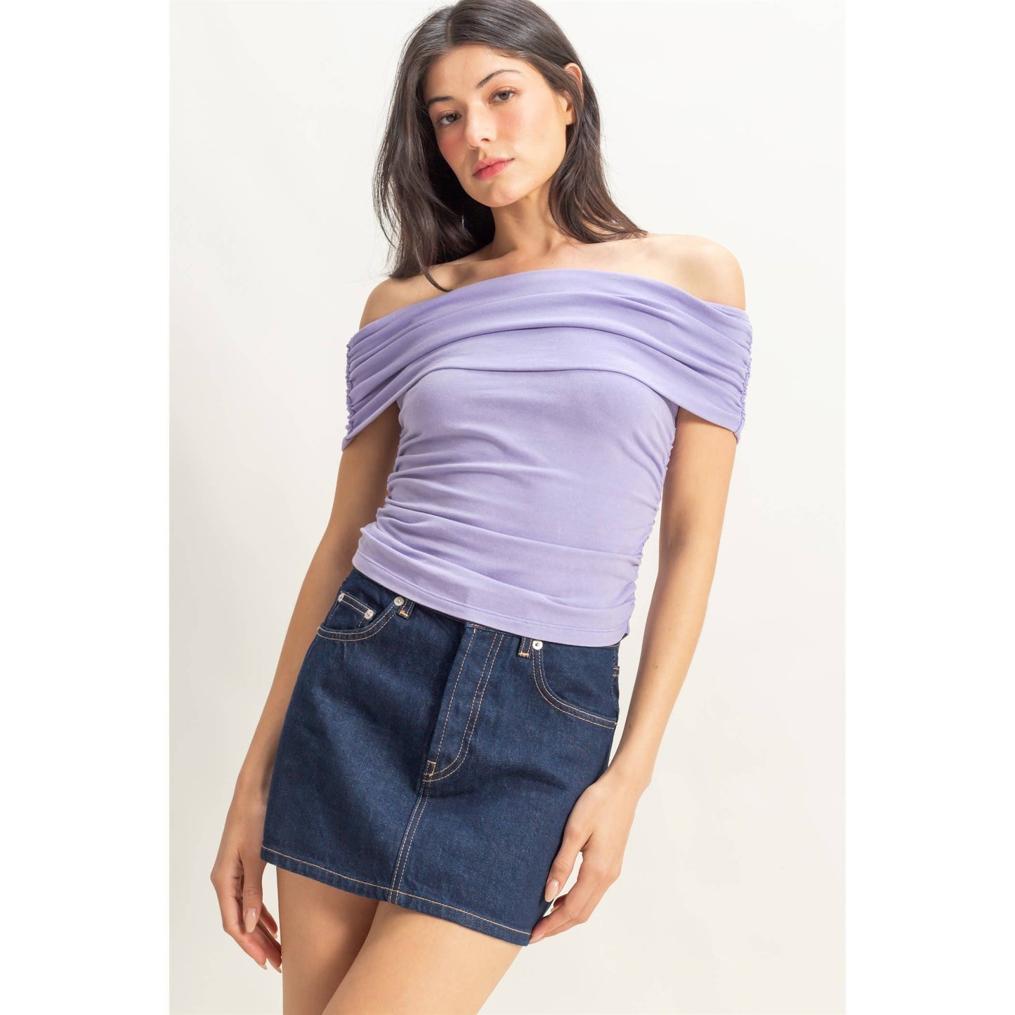 Off-The-Shoulder Side Ruched Top: RED / S-M-L(2-2-2)