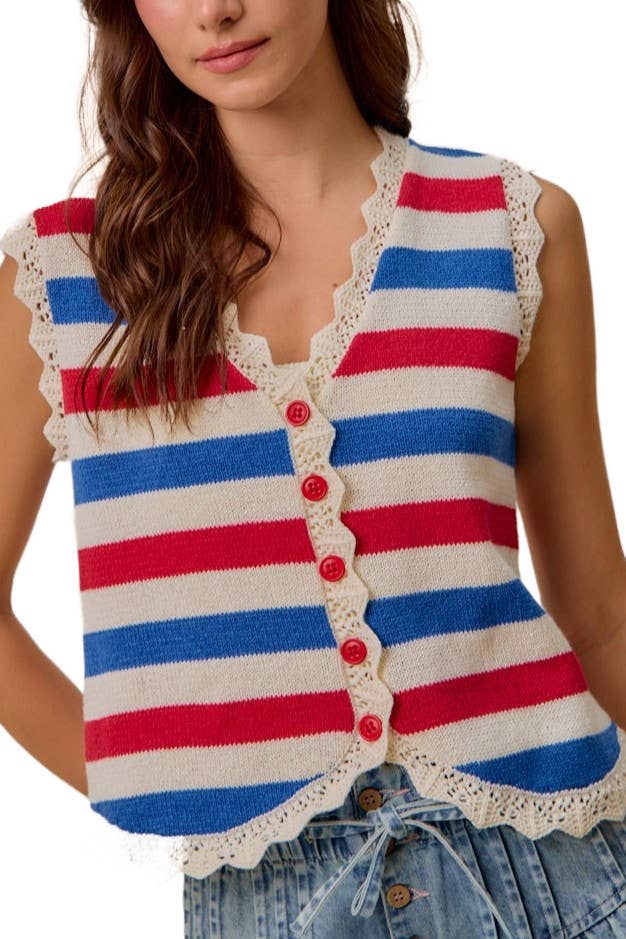 Fourth Of July Stripe Button Down Vest Top