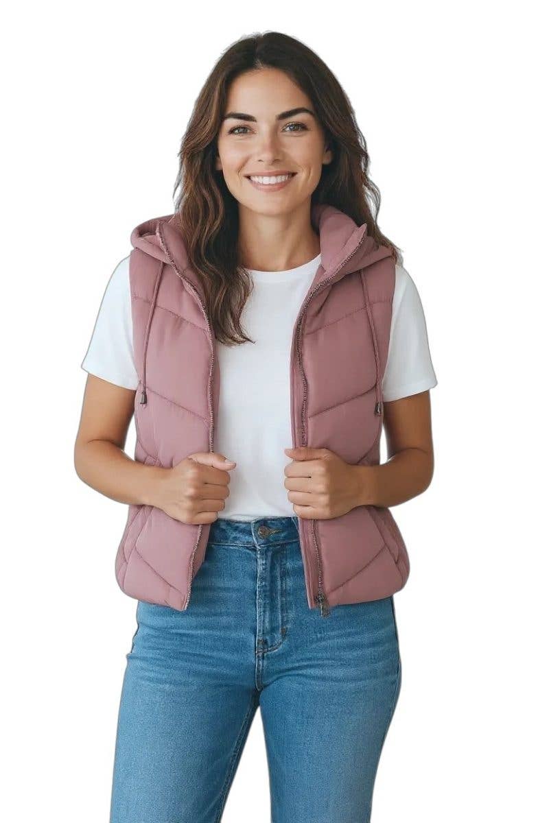 Woven Puffer Vest with Hood: BLACK / 1-2-2-1(S-M-L-XL)
