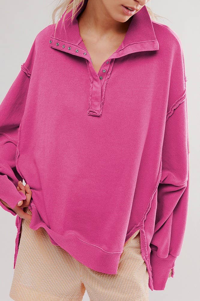 Half button outseam oversized sweatshirt: Fuchsia / S