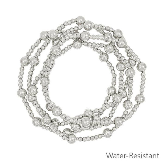 Water Resistant Set of 5 3mm Small Silver Beaded with 6MM Beaded Stretch Bracelets