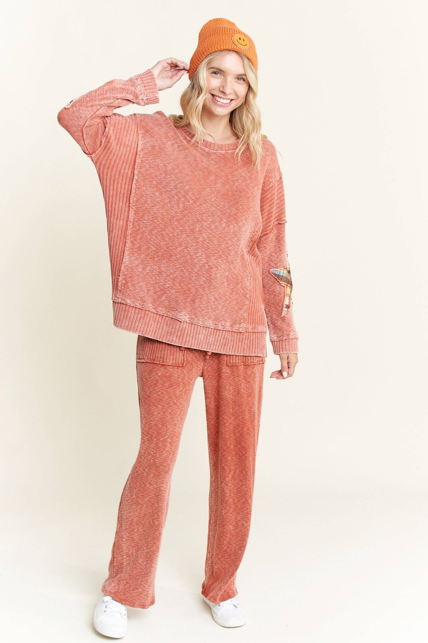Mineral Wash Side Knit detail wide leg pants HE5878P..: Olive / S-M-L / 2-2-2