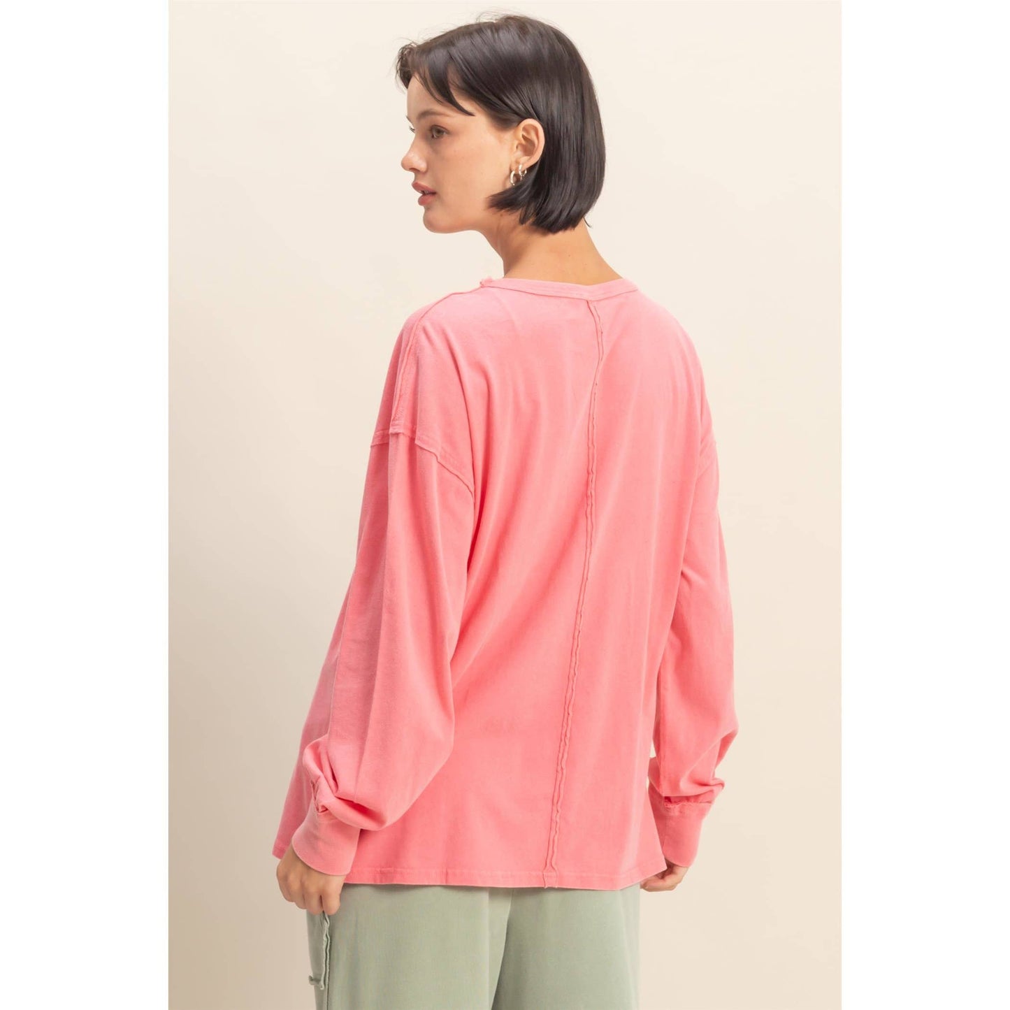 Oversized Washed Long Sleeve Pocket Tee: BLACK / S-M-L(2-2-2)
