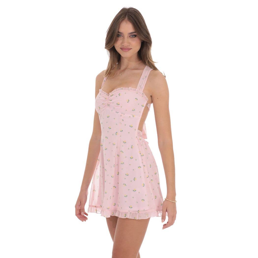 Floral Strappy Back Bows Dress in Pink: S