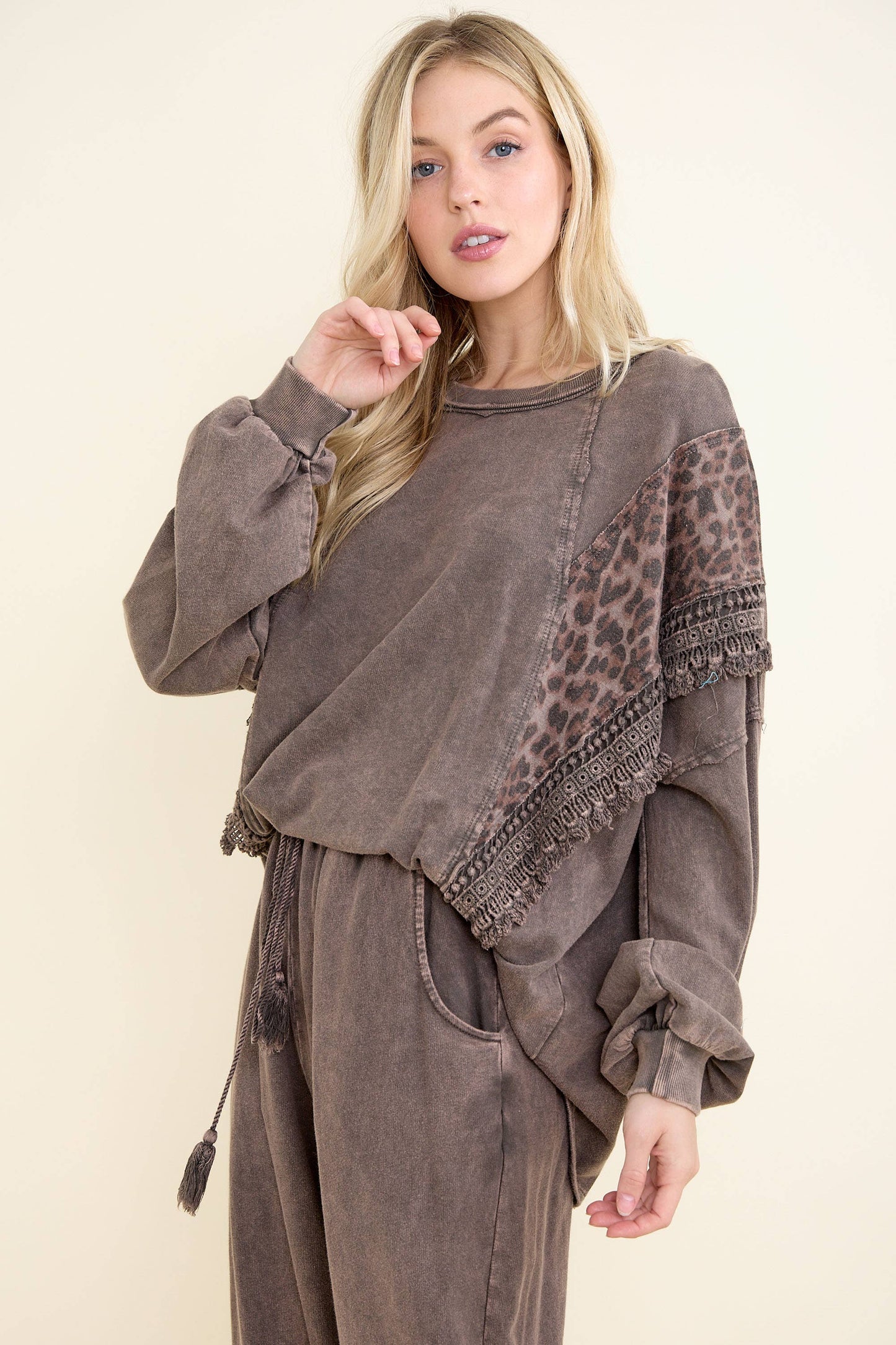 Mineral Washed Cheetah Leopard Fringe tassel top HT6722: Ash Oak / S-M-L / 2-2-2