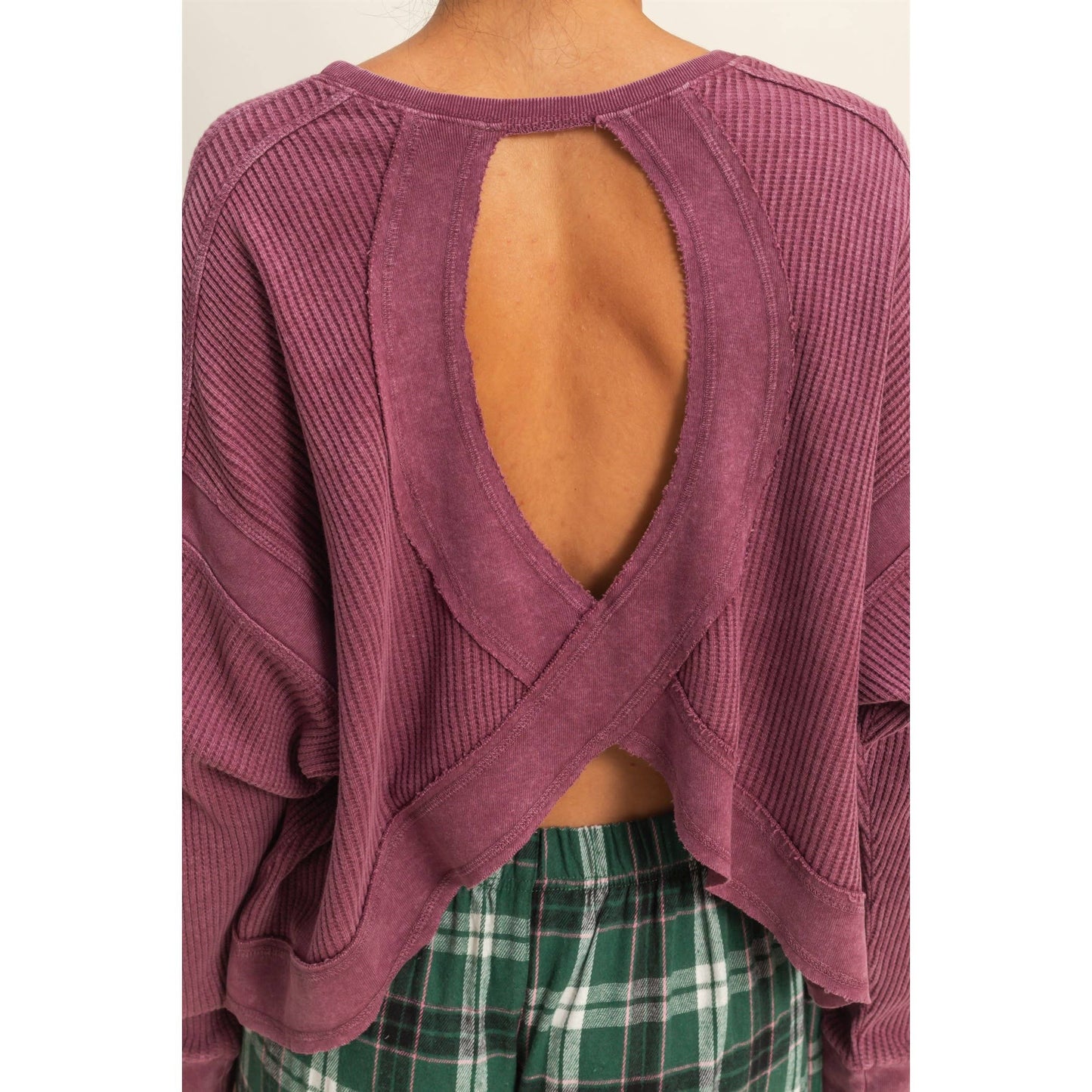 Chic Open Back Textured Knit Long Sleeve Top: CREAM / S-M-L(2-2-2)