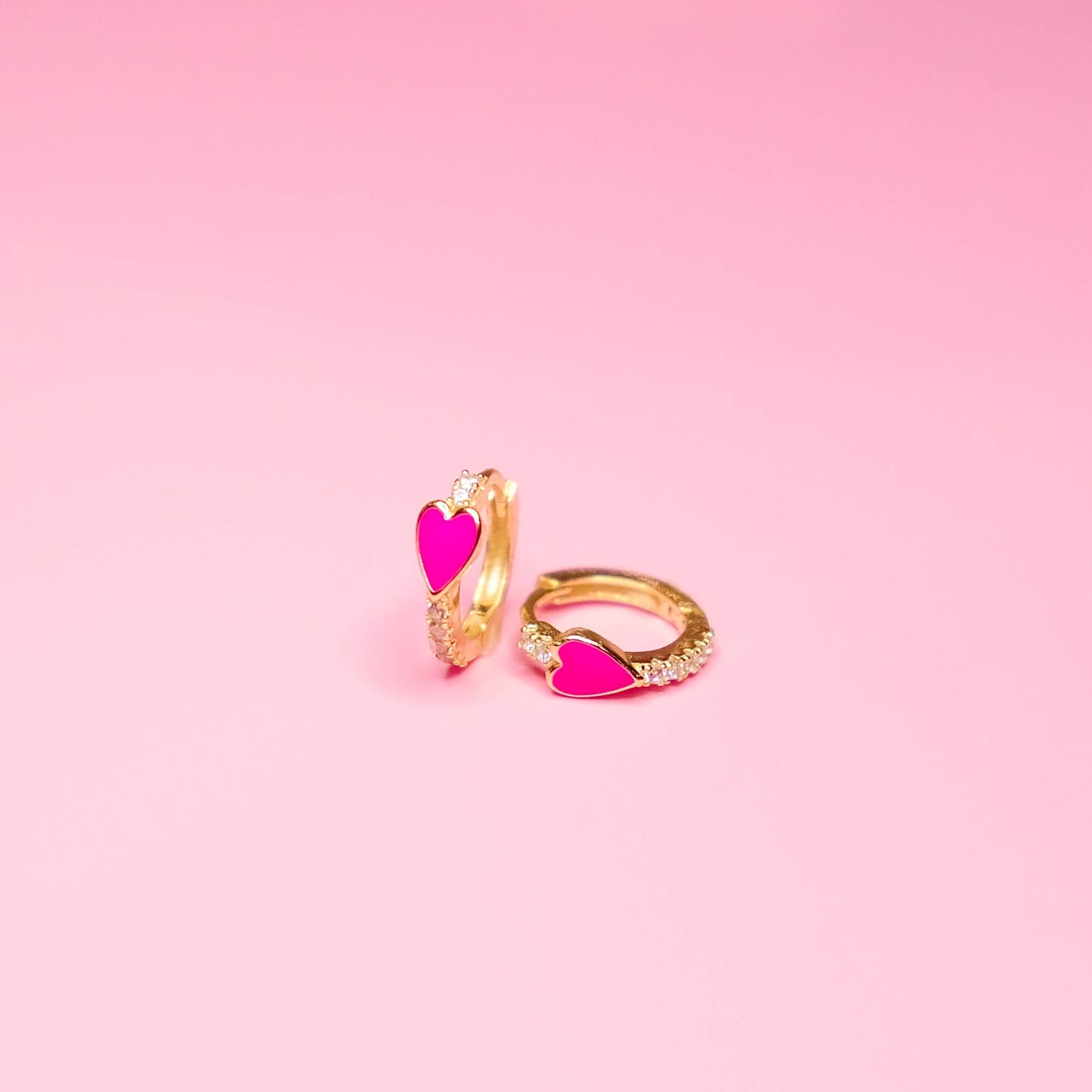 Pave Heart Huggie Earrings: Hot Pink