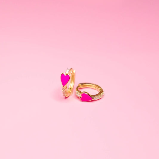 Pave Heart Huggie Earrings: Hot Pink