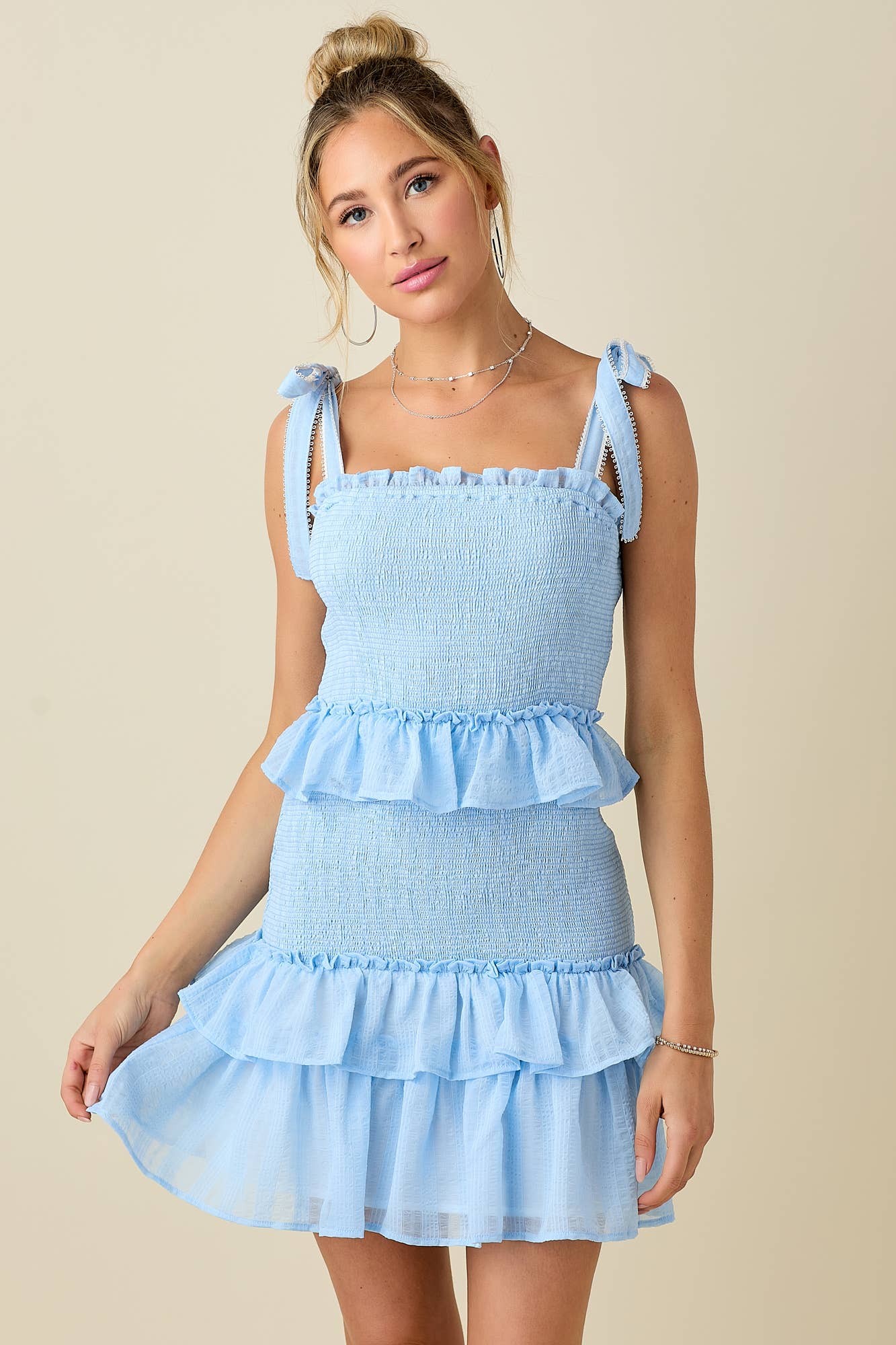 Jacquard smocked ruffled lace shoulder straps mini dress: BLUE / L