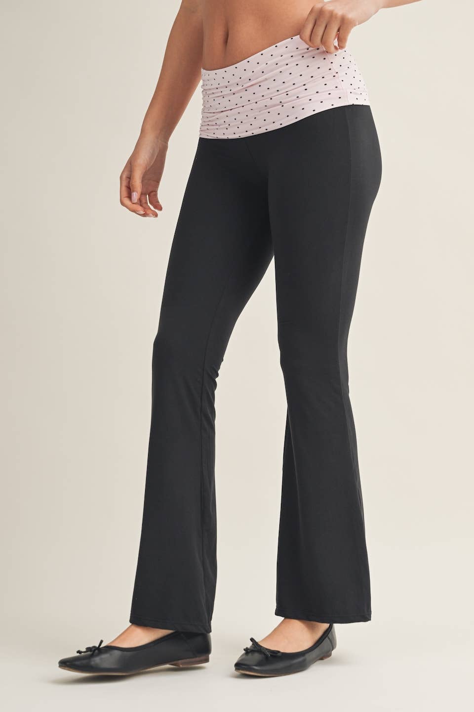 Polka Dot Soft Knit Foldover Flare Pants: Blue/Black Polka Dot / S