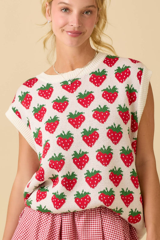 Strawberry Oversized Sleeveless Sweater Knit Top: IVORY / L