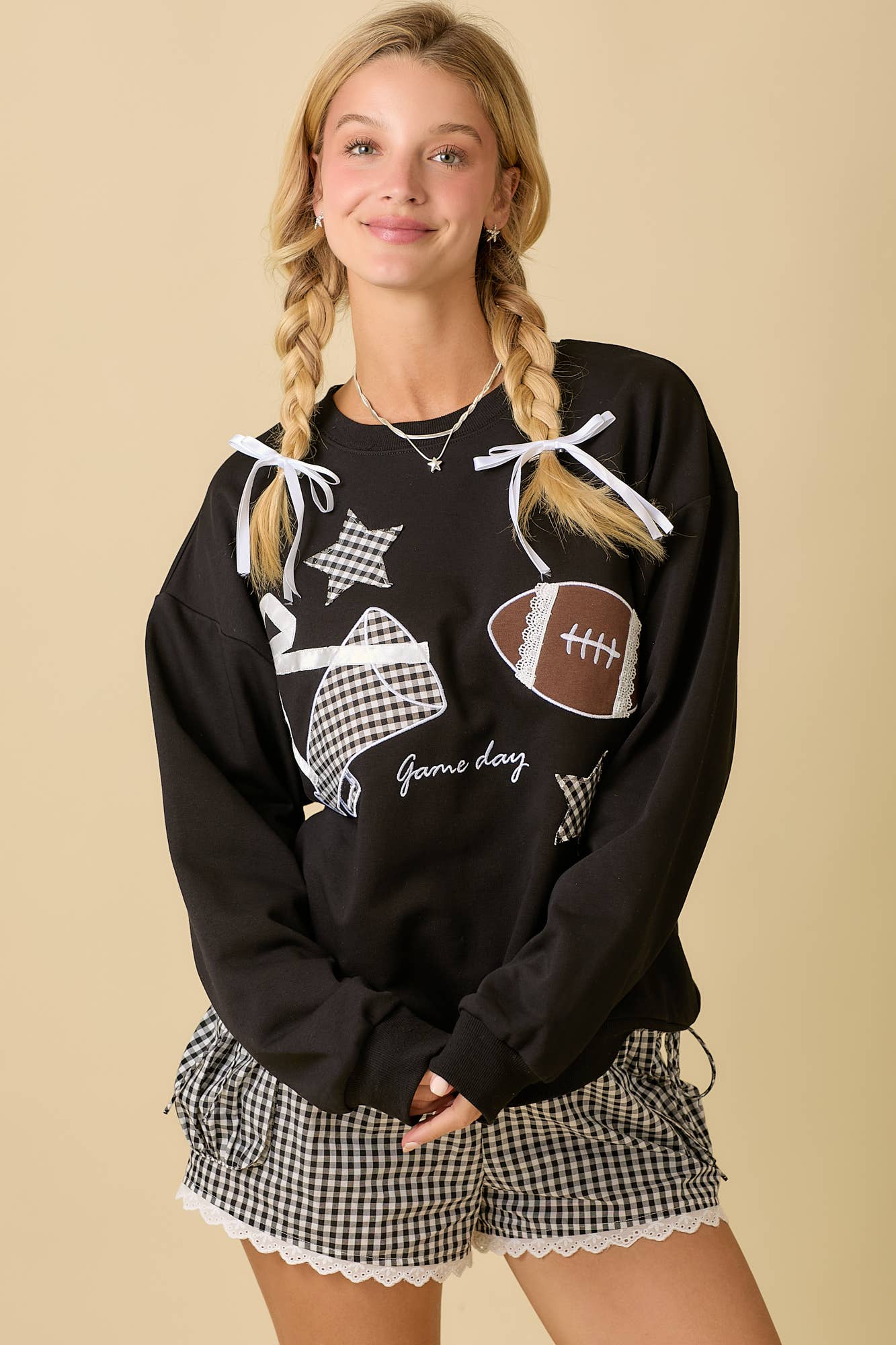 Football Game Day Patchwork Long Sleeve Crewneck Top: BLACK / S