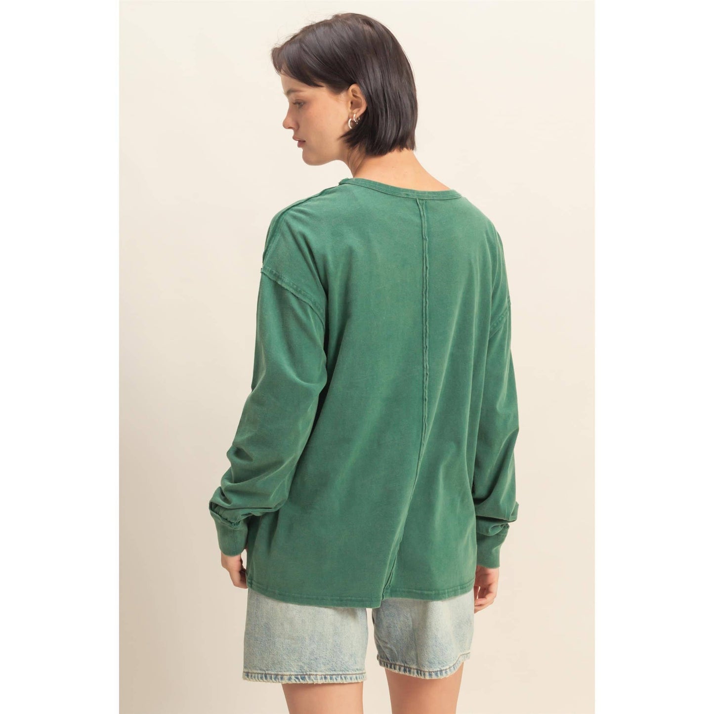 Oversized Washed Long Sleeve Pocket Tee: BLACK / S-M-L(2-2-2)