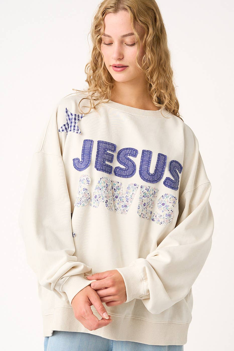 JESUS SAVES PATCHWORK CREW NECK SWEATSHIRT: ICY PINK / S-M-L(2-2-2)