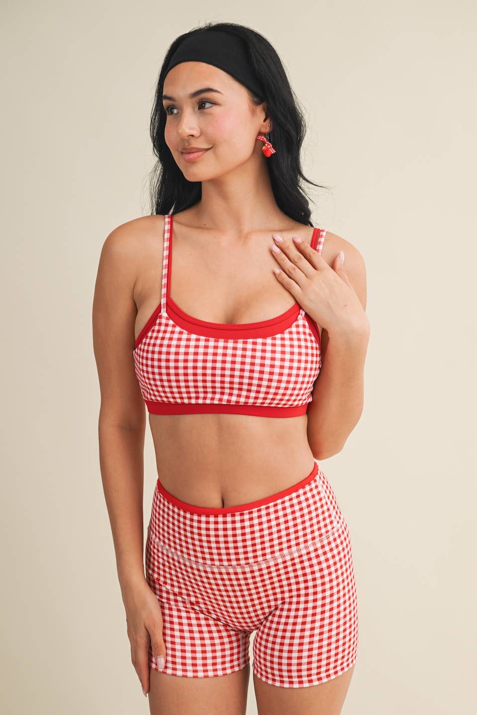 Gingham Print Double Layered Sports Bra: Red Gingham / S