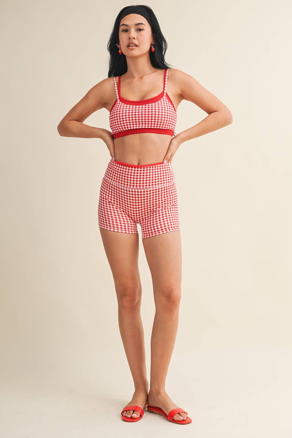 Gingham Print Double Layered Sports Bra: Red Gingham / L
