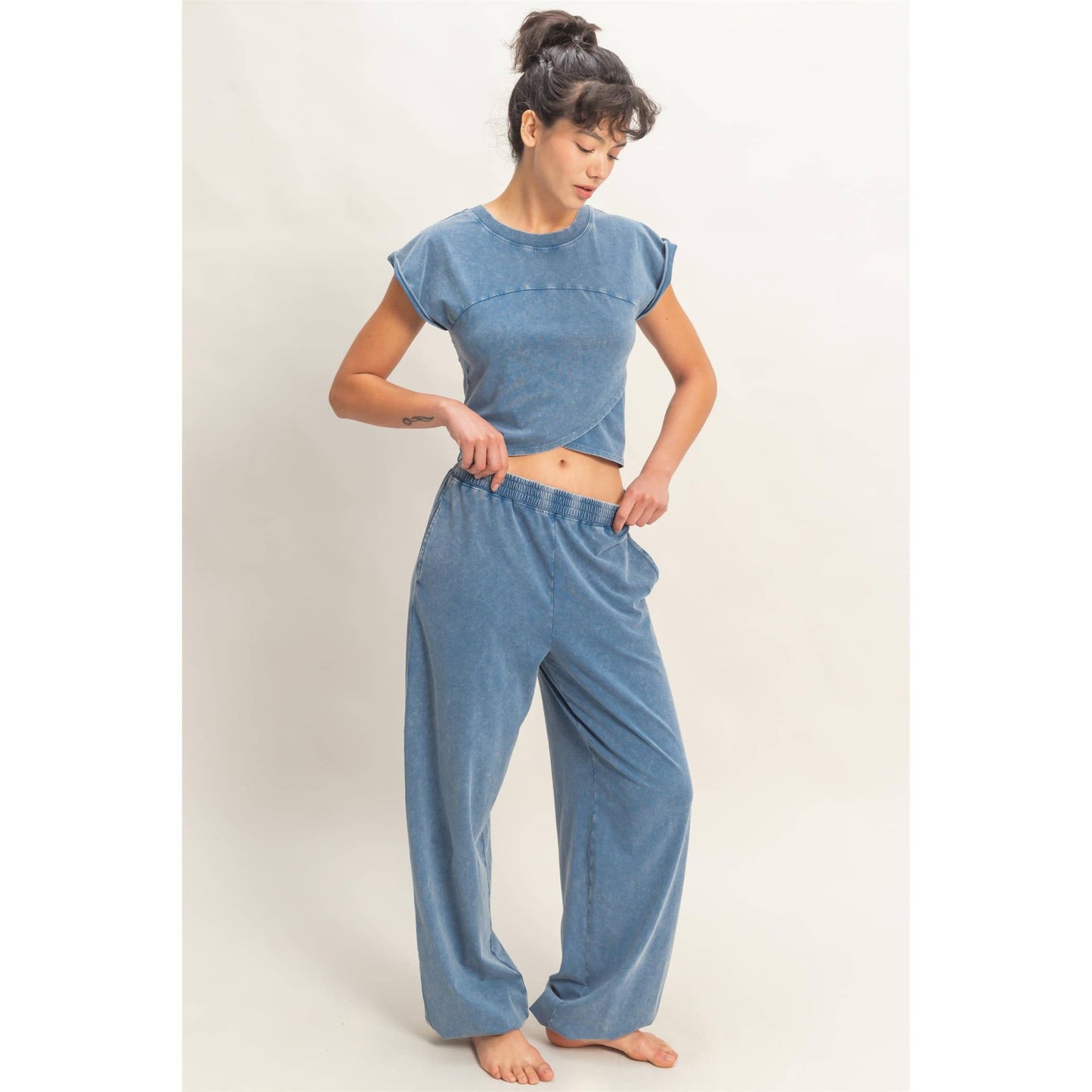 Rolled Sleeve Wrap-Front Crop Top And Jogger Set: DARK TEAL / S-M-L(2-2-2)