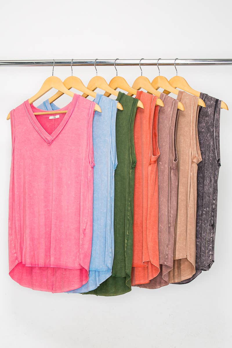 Mineral washed V neck Sleeveless Top HT4004: Olive / S-M-L/2-2-2