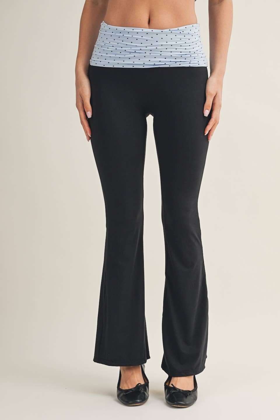 Polka Dot Soft Knit Foldover Flare Pants: Blue/Black Polka Dot / S